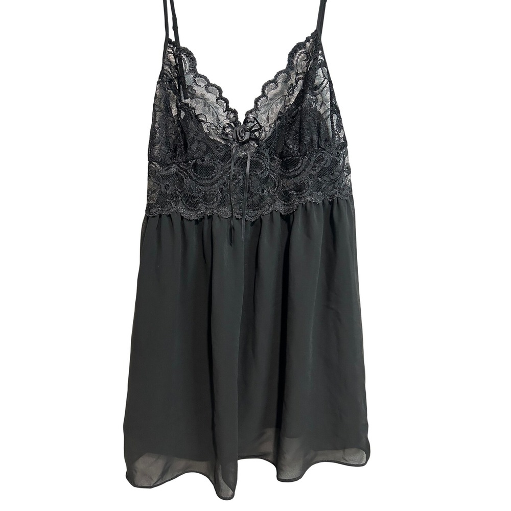 Enchanting Black Lace Trim Babydoll Chemise‎ Nightgown M M 10 12